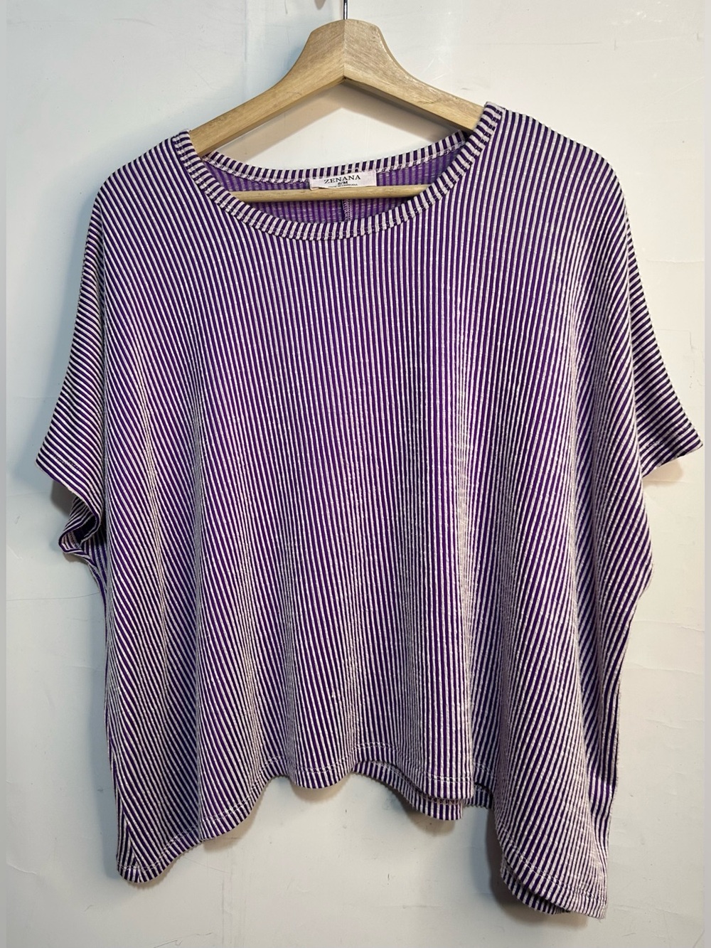 Zenana Vertical Striped Purple Asymmetrical Shirt Small/ Medium